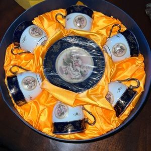 ROYALTY PORCELAIN 12pc COBALT BLUE GOLD PLATED 24kt 4oz  COFFEE SET 💙🩵🎀